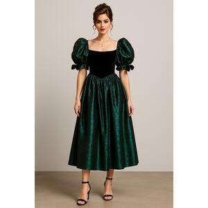 Vintage Laura Ashley Green Velvet and Taffeta Dress - Size 14